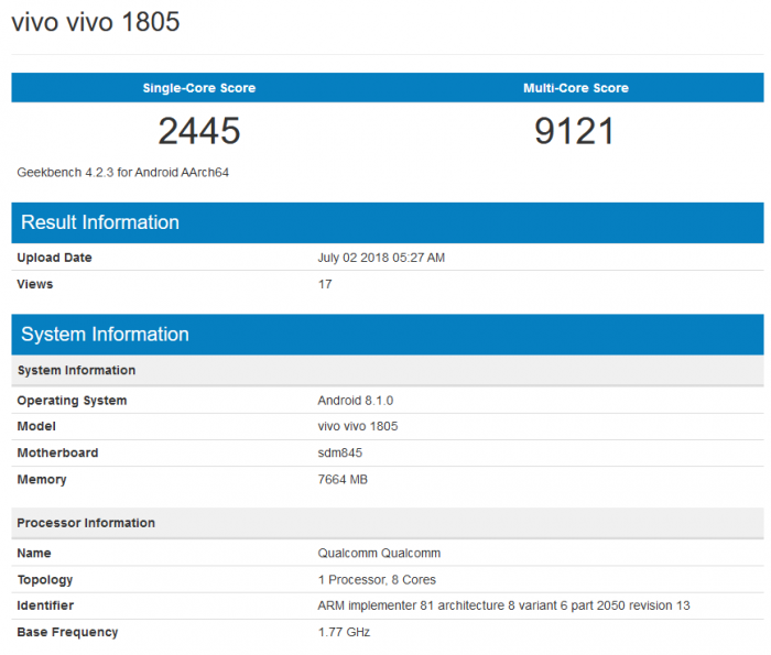 vivo又一款驍龍845旗艦現(xiàn)身：單核2445 多核9121