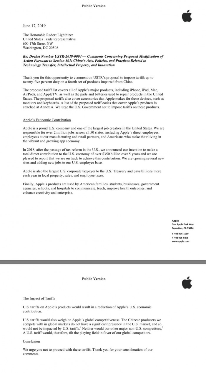 蘋果致信美貿易代表：新關稅將影響iPhone、iPad等所有產品成本